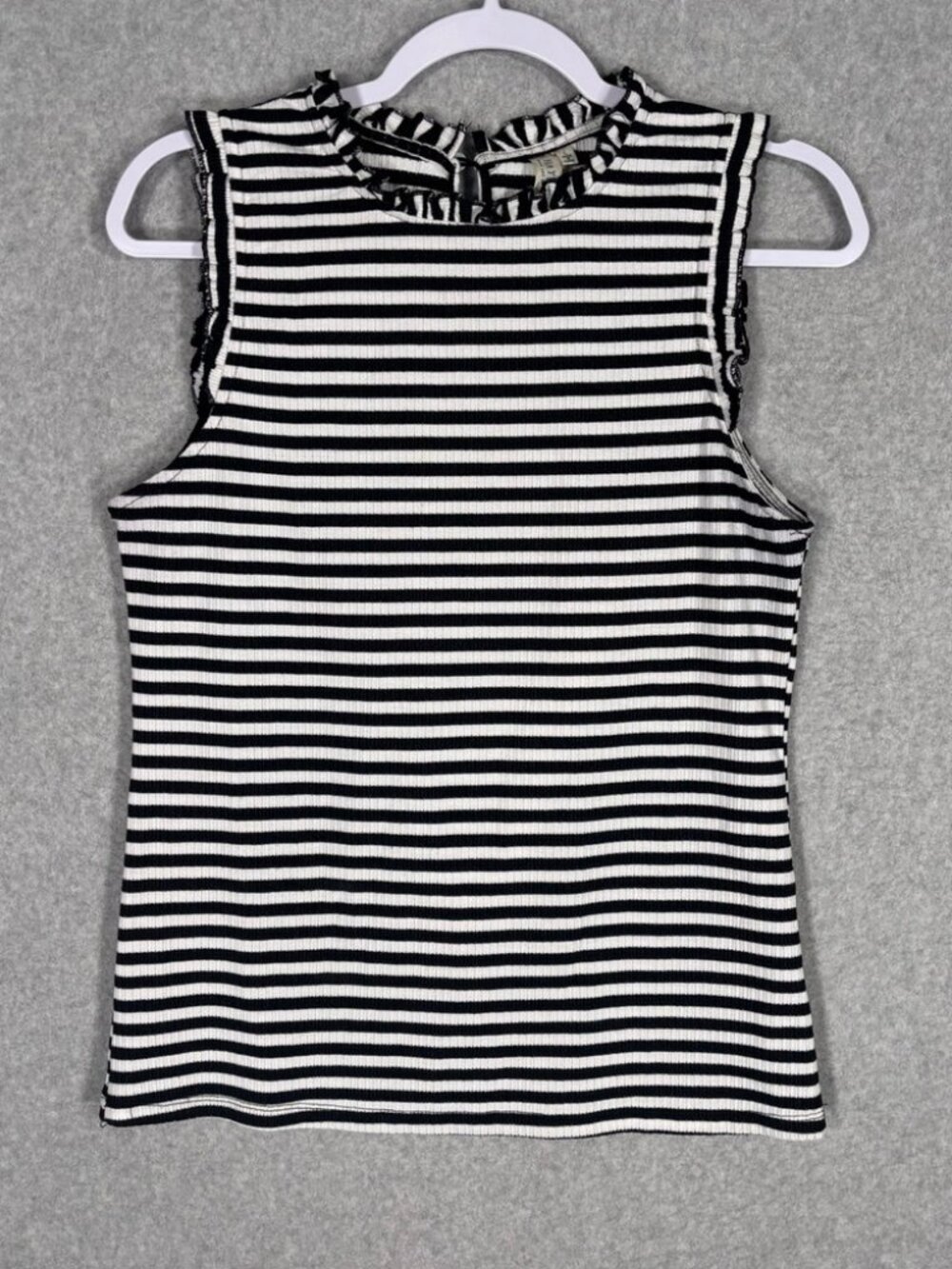 Ruffle Knit Tank Top Large Black White Striped Ribbed Feminine Preppy Nautical